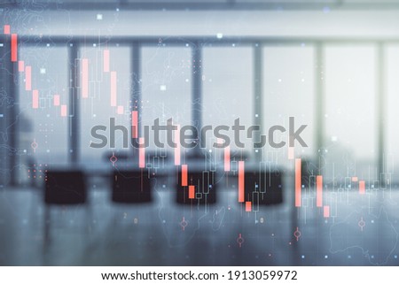 Abstract virtual global crisis chart and world map sketch on a modern boardroom background, falling markets and collapse of global economy concept. Double exposure