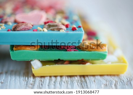 Chocolate bars of different colors, bright chocolate. High quality photo.