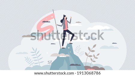 Successful businesswoman as confident female work leader tiny person concept. Career professional achievement top and future ambition vector illustration. Corporate progress peak for boss woman. Royalty-Free Stock Photo #1913068786
