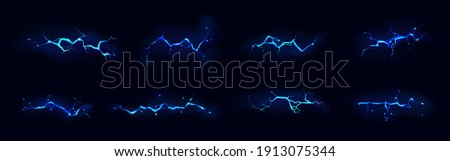 Lightning, electric thunderbolt strike of blue color during night storm, impact, crack, magical energy flash. Powerful electrical discharge, Realistic 3d vector bolts set isolated on black background Royalty-Free Stock Photo #1913075344
