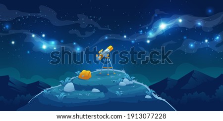 Telescope for science discovery, study astronomy, watching stars and planets in outer space. Vector cartoon landscape with telescope with tripod and backpack on hill, mountains and night starry sky Royalty-Free Stock Photo #1913077228