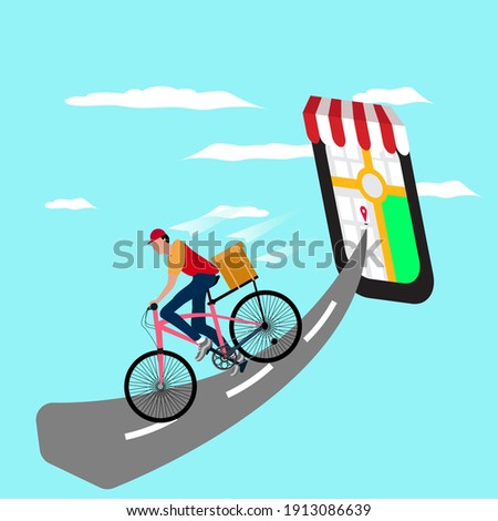 a bike courier was delivering orders through the online trading in smartphone applications flat design illustration