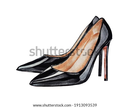 Womens black  leather shoes on high heels. Watercolor illustration. Hand drawn. Fashion sketch. Closeup. Art print. Template. 