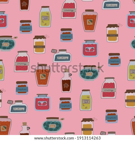 Seamless pattern of jars with homemade jams, honey, maple syrup. Kiwi, orange, lemon, strawberry, blueberry, cherry jams. Hand drawn cartoon vector illustration. Wrapping for sweet food.
