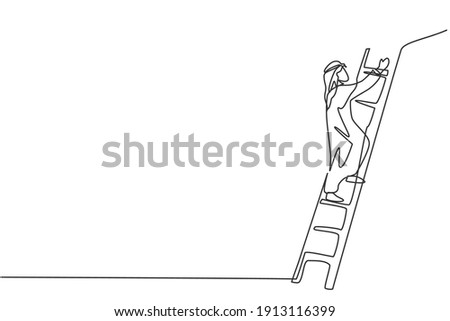 Continuous one line drawing of young Arab businessman climb the ladder up to pass the wall. Business solution metaphor minimalist concept. Trendy single line draw design vector graphic illustration