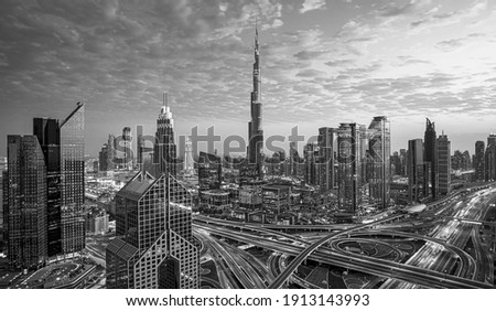 Amazing skyline of Dubai City center and Sheikh Zayed road intersection, United Arab Emirates