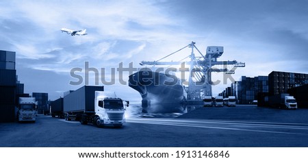 Container truck in ship port for business Logistics and transportation of Container Cargo ship and Cargo plane with working crane bridge in shipyard, logistic import export and transport concept Royalty-Free Stock Photo #1913146846