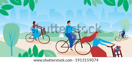 People on bicycles, bike in the park. Flat vector stock illustration. People on bicycles in the park, outdoor recreation. Concept bike riding in the park, cycling community. Bike illustration
