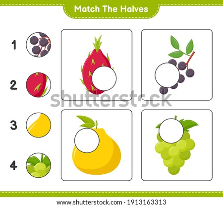 Match the halves. Match halves of Fruits. Educational children game, printable worksheet, vector illustration