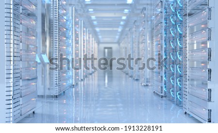 High-tech bright data center with computers and lights. Royalty-Free Stock Photo #1913228191