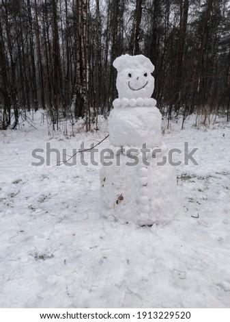 photo of a snowman on a winter day. winter forest. landscape with snow. snowman on the background of the forest in the snow.