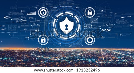 Cyber security theme with downtown Los Angeles at night