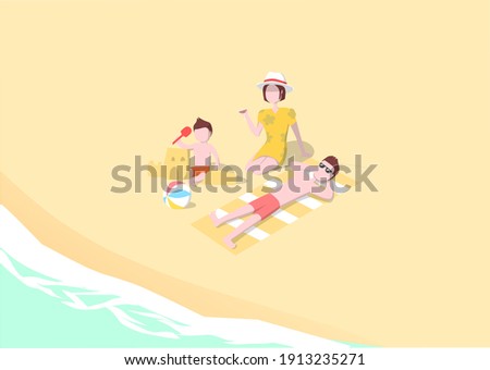 Cute happy family spending summer vacation at beach. Mother, father and children sunbathing and building sand castle on beach. Parents and kids having fun outdoors. Flat cartoon vector illustratio