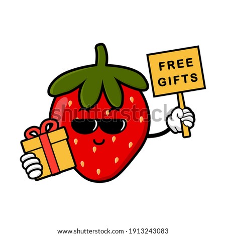 cute strawberry cartoon mascot character funny expression  holding gifts box