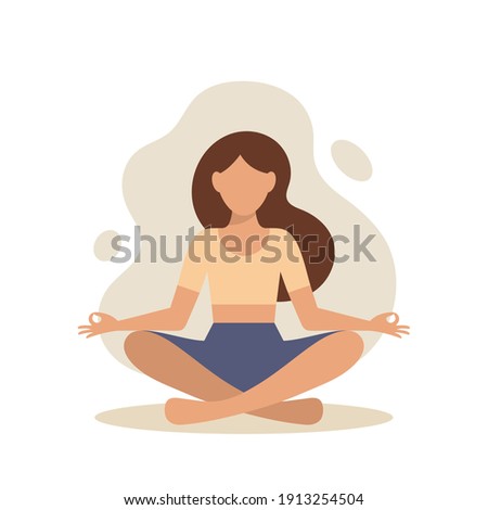 Young woman sitting in lotus position practicing meditation. Concept illustration for meditation, yoga, healthy lifestyle, relax, recreation.  Royalty-Free Stock Photo #1913254504