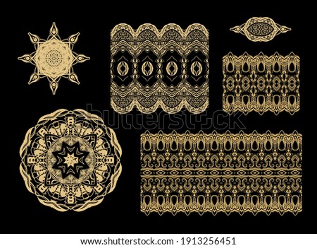 Set of golden decorative elements - ornamental rosette, round frames mandala, ornamental vector border ribbon, openwork textures, oriental style, on dark background