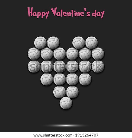 Happy Valentines Day. Volleyball balls located in the form of a heart. Design pattern on the volleyball theme for greeting card, logo, emblem, banner, poster, flyer, badges. Vector illustration