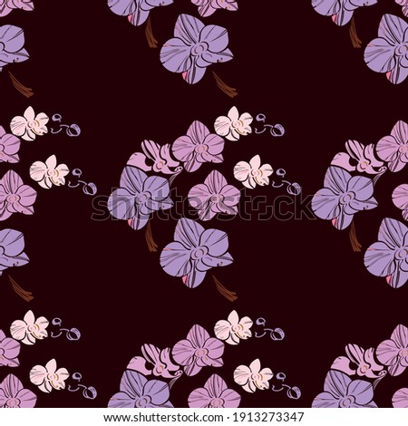 seamless pattern black orchid branches with flowers applique lilac vector 
