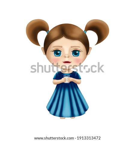 cartoon girl with two ponytails in a long dress with a glass of milk in her hands