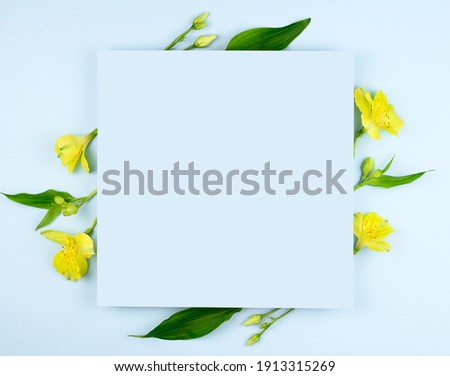 Spring composition. Yellow flowers, paper blank on pastel blue background. Flat lay, top view, copy space, mock up. High quality photo