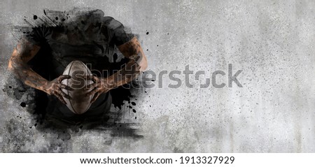 Rugby player in action on wall background. Sports banner. Horizontal copy space background
