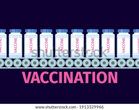 Conveyor of coronavirus vaccine vials. Vaccination against Covid-19. Middle East Respiratory Syndrome. Vector illustration Royalty-Free Stock Photo #1913329966