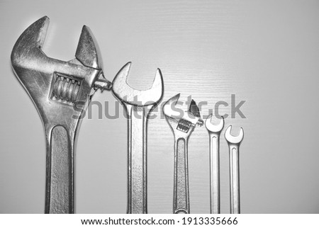 Spanners. Many wrenches. Industrial background. Set of wrench tool equipment. Set of wrenches in different sizes. chome vanadium