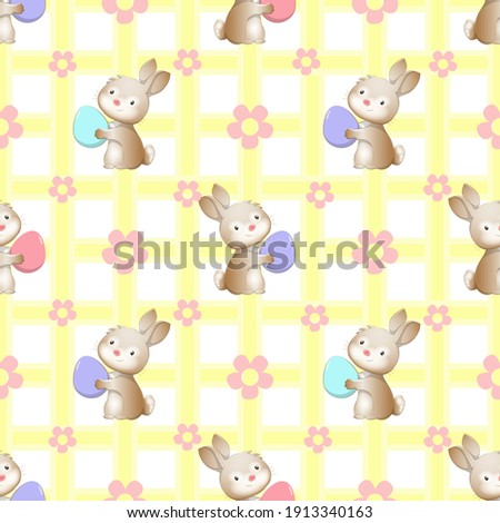 seamless illustration with animals. Cute rabbits with an Easter egg and flowers on a light yellow background in a cage. cute children's ornament