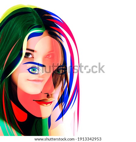 Young beautiful woman, double exposure with fashion illustration of female face, beauty concept