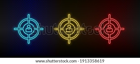 Neon icon set aiming, customer target. Set of red, blue, yellow neon vector icon