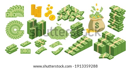 Huge packs of paper money. Bundle with cash bills. Keeping money in bank. Deposit, wealth, accumulation and inheritance. Flat vector cartoon money illustration. Objects isolated on a white background. Royalty-Free Stock Photo #1913359288