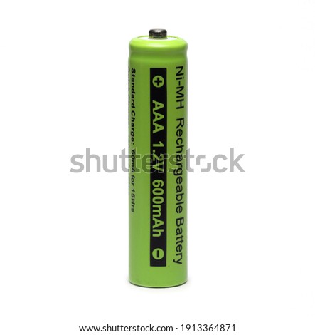 Single green AAA-size Ni-MH Rechargeable Battery isolated on white background Royalty-Free Stock Photo #1913364871