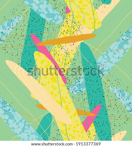 Abstract vector seamless pattern. Organic grunge textured overlapping wavy shapes and lines. Scribbled hand drawn pastel colored background. Striped dotted leaf forms. Flat textile swatch. 
