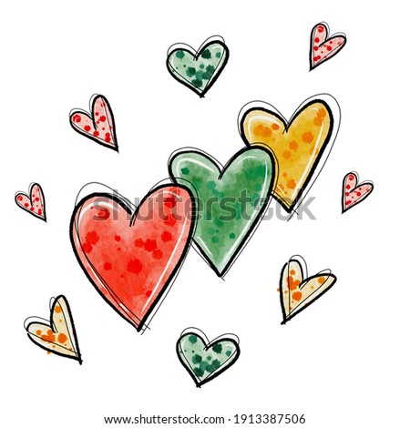 Watercolor red yellow green hand drawing hearts. Design concept for valentine’s day, mother’s day, baby shower, holidays, birthdays, greeting cards, festival, decoration, gift card