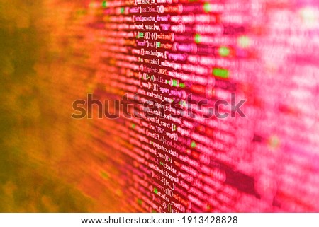 Illustration of code on dark background. HTML5 in editor for website development. Hi-tech modern screen of data, digits and chars on monitor display