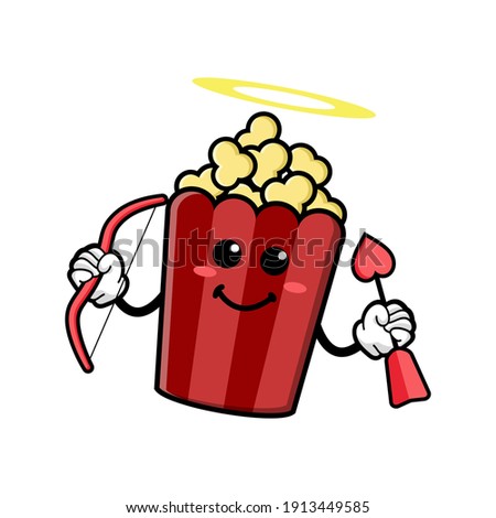 cute popcorn cartoon mascot character funny expression holding love arrow