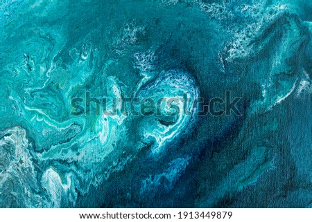 Decorative picture aquamarine, marble texture. Abstract painting, background for wallpaper, interiors. Turquoise and acrylic, paints on white canvas.
