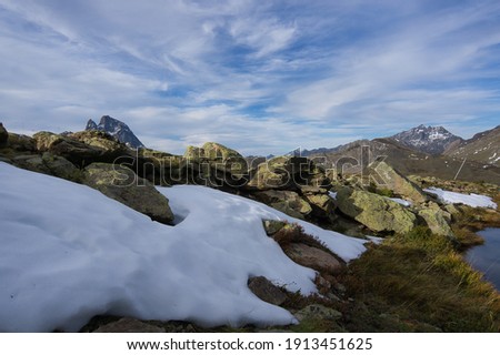 The Portalet with the bottom the Anayet peak. Concept famous mountains of the Aragonese Pyrenees, in Spain. with snow