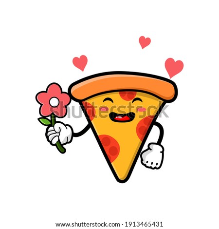 cute pizza slice cartoon mascot character funny expression giving flower