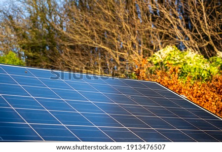 Solar panel generating electricity and fall colours on a sunny day in autumn in Scotland, United Kingdom Royalty-Free Stock Photo #1913476507