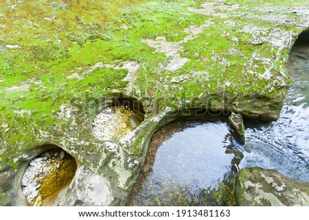Turquoise water in rock, overgrown with grass and moss with blurry background, used as a background or texture, soft focus