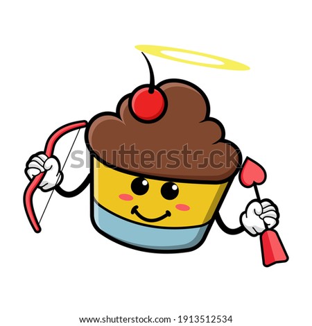 cute cupcake cartoon mascot character funny expression holding love arrow