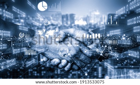 Imaginative visual business handshake with computer graphic of investment data . Futuristic business marketing and partnership deals . 3D Rendering .