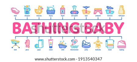 Bathing Baby Tool Minimal Infographic Web Banner Vector. Towel And Bathrobe, Bath Thermometer And Towel, Paper Roll And Napkin, Cream And Shampoo Color Illustration