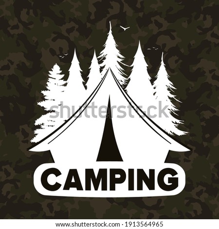 Camping square banner. Camping logo with tent and forest silhouette. Vector.