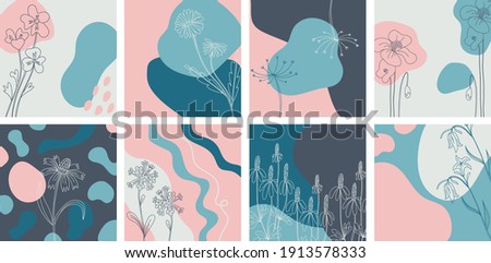 Floral minimal banners set. Hand drawn line wild flower and abstract blob shapes, herbal and meadow plant, modern floral template for social media posts. Vector botanical illustration pink blue colors Royalty-Free Stock Photo #1913578333
