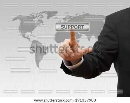 businessman touching support virtual button. customer service or customer support concept