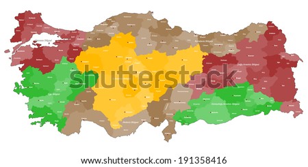 A large, colorful and detailed map of Turkey with all regions, provinces and big cities. Royalty-Free Stock Photo #191358416