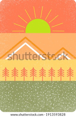 illustration of mountains, pine trees, and bright sun in beautiful simple design. vector illustration.grunge effect