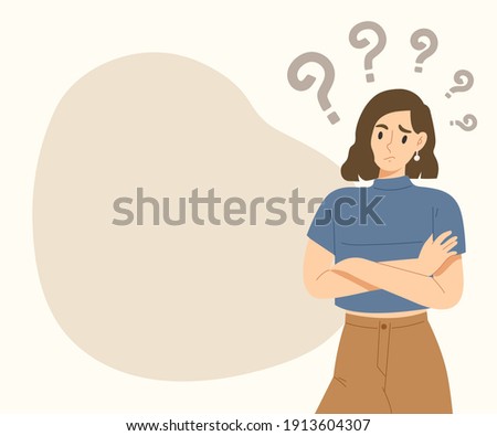 Young curious woman standing with question marks and blank space. Wondering girl. Doubt character for presentation, advertising, banner. Flat vector illustration. Royalty-Free Stock Photo #1913604307